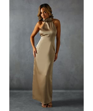 Satin Corsage Halterneck Low Back Maxi Dress