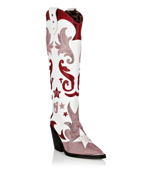 mit Schmucksteinen  Verleihen Sie Ihrem Cowgirl-Look mit diesen kontrastfarbenen Texas-Stiefeln aus Leder einen Hauch von Glamour. Die mit Intarsien gestalteten Formen sind mit Nietenapplikationen und dem kultigen PP-Monogramm verziert. Innenfutter aus Leder und Sohle aus echtem Leder. Langer Schaft.