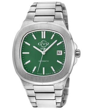 Potente - was so viel wie stark, kraftvoll und solide bedeutet - ist eine unnachgiebige Ergänzung der GV2 Herrenkollektion. Die Potente Collection zeichnet sich durch ein markantes 39-mm-Zifferblatt aus, das von einem kühnen, mit Nadelkissen versehenen Zifferblatt, Leuchtzeigern und -indexen umrahmt wird, die das Datum bei 3 Uhr hervorheben.
Mit der unbestreitbaren Stärke kommt auch die Kraft, und deshalb hebt der robuste Gehäuseboden die Druckknopfkrone und die Faltschließe der Potente auf. Das unverwechselbare, kraftvolle Design dieser Kollektion wird von demselben Schweizer Automatikwerk begleitet, das Gevril zu einer altehrwürdigen Tradition macht.
Fallen Sie auf, seien Sie mutig - Potente.

GV2 18108 Schweizer Automatikuhr Potente für Herren

GV2 Schweizer Automatikuhr für Herren aus der Potente Kollektion
39 mm Gehäuse aus 316L-Edelstahl, grünes Zifferblatt mit Stiftkissen
Push-Pull-Krone, Datum bei 3 Uhr
Sichtboden, Zeiger und Indexe mit Leuchtmasse
316L-Edelstahlarmband mit Faltschließe
Antireflektierendes Saphirglas
Wasserdicht bis 50 Meter/5ATM
Schweizer Automatik-Uhrwerk MD3G