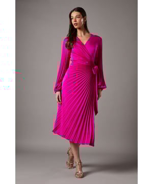 Elegant wrap design with a flattering V-neckline
        Striking pleated detail radiating from the waist
        Long, voluminous sleeves with gathered cuffs
        Luxurious satin fabric for a lustrous finish
        Midi length perfect for formal occasions
    
    Make a statement at your next special event with this captivating satin pleated wrap dress. The wrap silhouette creates a figure-flattering shape, while the radial pleating adds a touch of drama and movement. The long, billowing sleeves provide a romantic flair, perfectly balanced by the sleek midi length. Ideal for weddings, race days, or sophisticated soires, this dress can be styled with strappy metallic heels and a clutch bag for a polished ensemble. For cooler evenings, drape a pashmina over your shoulders to maintain an air of elegance. The versatile design allows for effortless transition from day to night, ensuring you'll be the epitome of grace and style throughout any occasion.