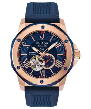 This Bulova Marine Star Analogue Watch for Men is the perfect timepiece to wear or to gift. It's Rose Gold 44 mm Round case combined with the comfortable Blue Silicone watch band will ensure you enjoy this stunning timepiece without any compromise. Operated by a high quality Automatic movement and water resistant to 20 bars, your watch will keep ticking. This watch featuring a three-hand automatic movement showcased in an open aperture and luminous Hand High quality 21 cm length, 22 mm wide Blue Silicone strap with a Buckle Case diameter: 44 mm, Case height: 14 mm and Case color: Rose Gold/Dial color: Blue