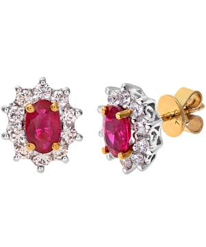 18K (750) geel goud: 2,7 gram; # Diamant: 0,5 ct; # Robijn: 1,23; # Afmeting: 1 cm x 0,9 cm