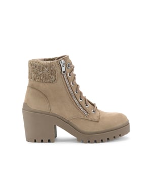 This Tomi boot features a taupe microsuede upper. The front is laced up with a statement silver zip. The ankle is accented with a knitted trim. Heel height: 6cm.