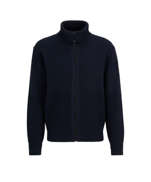 Mens BOSS Kamondo Jacket in dark blue.- All over structure block change - French shoulder to back with visible fully fashion marks and outside linking - Ottoman detail at cuffs- Orange knitted stripe inside collar- Knitted tape attached on top of zip - Silicon logo badge- Ref: 50482524-404