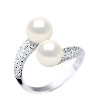Ring You & Me-Schmuck – 2 echte Süßwasser-Zuchtperlen rund 8–9 mm – Armreif-Schmuck Pavé-Zirkonia-Silber 925 rhodiniert – FARBE NATURWEISS – Größenverstellbar von Größe 48 bis Größe 62 – Lieferung in Box und mit Zertifikat Authentizität und internationale Garantie – HERGESTELLT IN FRANKREICH