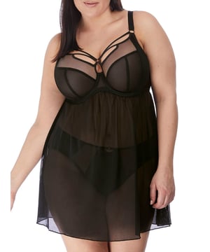 Elomi Sachi Underwired Babydoll in Black. With three section cups, side panels and stretch mesh front. Product is hand-wash only.