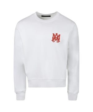 White Amiri Sweatshirt, Regular Fit, Fits True To Size, 100% Cotton, Made in USA, Ribbed Sleeve and Waist Endings, Red Logo, White Jumper, Streetwear