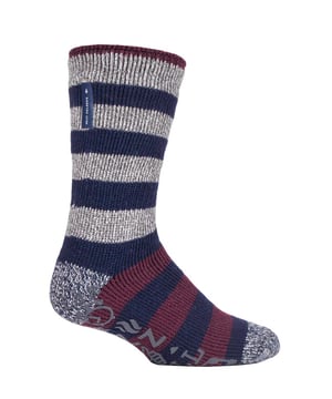 These mens Oakley striped style slipper socks are great for anyone who wants to lounge around the house and chill out in style. They have anti-slip grippers on the bottom for more security on indoor wood or tiled surfaces. These mens striped slipper socks would make a brilliant gift whether it's for a birthday, Christmas or any other occasion or even a treat for your feet. The two styles that are available in these slipper socks both have striped designs with assorted colours including red, beige, blue and grey . The grips on these socks encourage you to chill out with words on the bottom of the foot that include 'relax' 'chill' and our favourite thing at the weekend, the 'zzz's'. The Heat Holders badge is sewn onto the top of the leg. A Lot of thought has gone into how Heat Holders can be the warmest, with innovative changes being made to the yarn, brushing process and knitting. Our advanced designed thermal yarn provides high-performance insulation against cold with superior moisture breathing abilities and softness. Our Innovative knitting technology produces our unique, short looped cushion pile to hold in more warm air, increasing the warmth. Our expert brushing process maximises the amount of warm air held inside each sock for unbelievable total warmth and all-day comfort. These socks are available in 2 striped styles and all come with a decorative band if you looking to give these socks as a present. They are available in sizes 6-11 UK 39-45 EU 7-12 US and are machine washable.