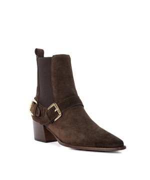 This Western inspired ankle boot has been crafted from leather and features two gold hardware buckles that wrap around the ankle. Designed with elasticated side panels and a rear pull tab, Panino rests on a mid-height stacked kicked in heel and offers endless styling options.