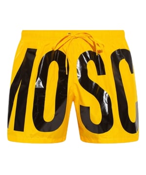 Moschino gele zwemshort, elastische tailleband, trekkoorden, all-over printlogo, 100% polyester, gemaakt in Italie, groot merklogo rondom, merklogo, gele zwemkleding