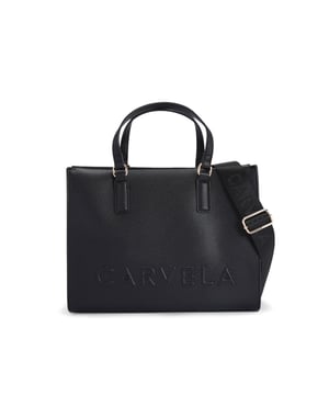The Carvela Large Frame Midi Tote bag features a black exterior with slight texture. The front is embossed with the Carvela logo. 29cm (H), 38cm (L), 17cm (D). Strap length: 126cm. Strap drop: 61cm.