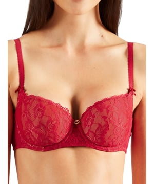 Aubade Roseessence Moulded Half Cup Bra. T-Shirt style with elastic lace trim and band. With elastic straps and an elastic tulle. Finished with Swarovski jewel. The product is as hand-wash only.