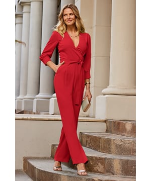 Red always turns headsPlunging V-neckline - it suits all shapesTie belt to show off your waistWide legs for a standout silhouetteGold button cuffs - it's all about the detailsJust add heels and a clutchInside leg to fit: Short 29" | Regular 31" | Long 33"