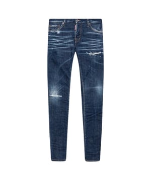 Vaqueros ajustados Dsqared2, fabricados en Italia, material elastico 98 % algodon, 2 % elastano, bragueta de botones, azul oscuro, corte entallado con pernera conica, insignia grande de la marca en la parte posterior, vaqueros rotos