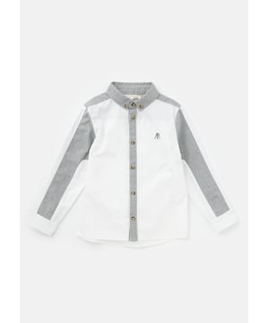 Our   shirt re-mix! Cut and sew colourblock mixing clean   poplin with a classic ticking stripe. Smart dressing! About me: 100% Cotton Angel and Rocket cares: I'm made from Sustainable Cotton Look After Me: Think Planet. Wash At 30C.
