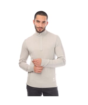 Mens Belstaff Cotton Silk Blend Challenger Quarter Zip Knit Sweater in grey.- Engineered ribs on collar and sleeves.- Centre front quarter zip fastening.- Exclusive America's Cup trims and branding.- Silicone printed Belstaff phoenix on rear pocket with INEOS custom logo.- Lightweight cotton silk.- 55% Silk  45% Cotton.- Ref: 105028HRBGY