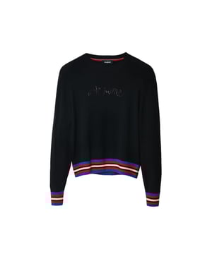 Marca: Desigual  
Género: Mujeres  
Tipo: Tejidos de punto  
Temporada: Otoño/Invierno  

DETALLES DEL PRODUCTO  
• Color: negro  
• Patrón: estampado  
• Cierre: slip on  
• Mangas: largas  
• Escote: cuello redondo  

COMPOSICIÓN Y MATERIAL  
• Composición:  
- 2% acrílico  
- 1% otras fibras  
- 1% elastano  
- 1% lana  
- 4% poliamida  
- 42% Pvc  
- 49% viscosa  

• Lavado: lavar a máquina a 30°