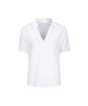 Outer Materials: 55% Linen, 45% Cotton. Design: Plain. Neckline: Deep V, Turn Down Collar. Hem: Dropped. Fastening: Pull Over. Sleeve-Type: Short-Sleeved. Fabric Technology: Breathable, Lightweight. Central Back Pleat. Fit: Relaxed Fit.