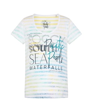 Het burnout T-shirt in een coole used look is een SOCCX-klassieker. Met een V-hals, kleurrijke strepen en een Pacific Pearls print op de voorkant van vloeiend materiaal. Een T-shirt dat je dat vakantiegevoel geeft.