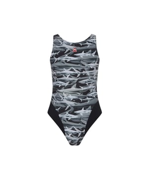 For those as shark-obsessed as us, opt for this graphic print swimsuit. Designed with a montage of our favourite fish, an open back and contour colour-block panelling for slightly more coverage.
