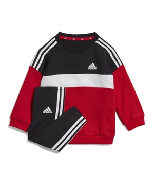 Infant adidas Tiberio 3-Stripes Colorblock Leggings Set in black - white - better scarlet.Dress them up in the spirit of sport. This infants' adidas set brings comfort and style to your wobbly one's days. The matching sweatshirt-and-pants combo takes the guesswork out of getting them ready. Soft fleece feels comfy on their skin.Sweatshirt:- Ribbed crewneck with snap closures.- Long sleeves with ribbed cuffs.- 3-Stripes at shoulders and sleeves.- Colourblock design.- adidas logo printed at left chest.- Long length body.- Regular fit.- Main material: 70% Cotton  30% Recycled polyester.  Machine washable.Pants:- Elasticated waist.- 3-Stripes to sides.- adidas logo printed at left hip.- Mid-rise.- Slim fit.- Main material: 93% Cotton  7% Elastane.  Machine washable.- Ref: IA3125Please note this style is sold as a set.  Returns will only be accepted if both items are returned together.