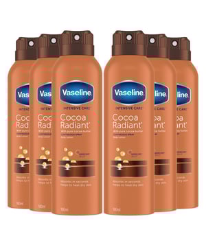 Vaseline spray lotions are designed for easy application and even all-over coverage. The unique formula moisturizes deeply and absorbs quickly to help heal very dry skin and has a warm, cocoa butter fragrance. An after-shower lotion like Vaseline Intensive Care Cocoa Radiant Spray on body lotion is best for maximum moisturisation when you have limited time. Just spray on the non-greasy formula, rub it into the skin, and you’re done. Vaseline Intensive Care Cocoa Radiant spray body lotion is a convenient moisturising product, it’s also gentle on the skin. It is dermatologically tested and suitable for sensitive skin so you can use it with confidence, knowing it will help heal your dry skin.

Features:

Vaseline Intensive Care Cocoa Radiant spray moisturizer has a light, non-greasy formula which absorbs in seconds providing easy application.
This Vaseline body spray lotion spray body lotion contains micro-droplets of Vaseline Jelly to lock in moisture.
Non-aerosol, continuous spray lotion dispenses evenly for all-over coverage including areas that are hard to reach.
This Vaseline cocoa radiant spray moisturizer can be used as an after-shower lotion to lock in moisture.
Instantly leaves skin soft & fresh, not greasy or sticky, spray and go for your convenience.
Pure cocoa butter brings out your skin's natural glow.
How To Use: Spray Vaseline Intensive Care Unscented Lotion on your skin daily to heal dry skin.
 
Cautions: Avoid getting Vaseline Intensive Care in your eyes, nose, or mouth. If this does happen, rinse with water. Avoid exposure to sunlight or tanning beds. Some Vaseline Intensive Care can make your skin more sensitive to sunlight or UV rays.

Package Includes: 6x Vaseline Cocoa Radiant Body Lotion Spray, 190ml