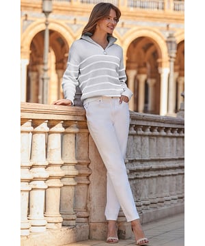 REASONS TO BUY:

Your new favourite knit
On-trend zip neckline adds to the cosiness
Made from the softest ribbed knit
Grey is the shade of the season
Stripes always look chic
Cargo trousers, jeans, wide-legs - you'll wear it with everything