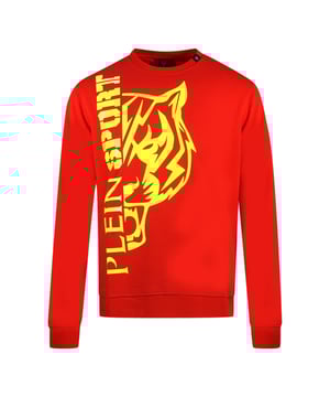 Plein Sport Großer roter Pullover mit Tiger-Logo. Philipp Plein Sport Roter Pullover. 52% Baumwolle, 48% Polyester. Plein Branding. Normale Passform, fällt größengerecht aus. Style Code: FIPSG1304 52
