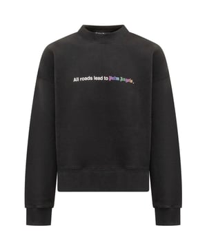 Palm Angels All Roads Roads Lead to Palm Angels Schwarzes Sweatshirt. Erleben Sie gemütlichen Komfort und lässige Eleganz mit dem schwarzen Pullover mit Rundhalsausschnitt von Palm Angels. Dieser ultraweiche Pullover ist mit einem stilvollen Logo verziert und bietet ganztägige Wärme und zeitlosen Stil. Setzen Sie ein Statement mit diesem locker sitzenden Pullover, perfekt für den Alltag! Oversize-Passform, schwarzer Pullover. Palm Angels Alle Wege führen zu Palm Angels-Logodruck, Regenbogen-Palm Angels. 100 % Baumwolle, hergestellt in Portugal, elastischer Bund und Ärmelenden. Stilcode: PMBA026F23FLE0021001