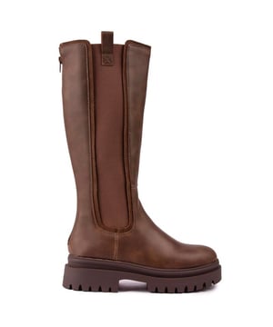 Bruine Rocket Dog dreasl-laarzen voor dames, vervaardigd met synthetisch materiaal en een synthetische zool. Kenmerken: ritssluiting aan de achterkant, volledig gevoerd, elastische zijkanten en hakhoogte 5 cm.