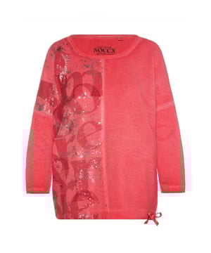 Dit T-shirt voor dames is een geweldige basic die supermakkelijk te stylen is. Het shirt heeft 3/4 mouwen en een ronde hals. Het is gemaakt van een hoogwaardige materiaalmix en draagt daardoor heel comfortabel. De losse pasvorm en afgezakte schouders met laag aangezette mouwen geven het T-shirt een casual look. De zoom heeft een trekkoord waarmee de wijdte naar wens kan worden aangepast. De grote print op de voorkant wordt geaccentueerd met folie-elementen. Een kleine print op de achterschouder rondt het ontwerp van het shirt af.