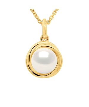 Pendant DOUBLE KNOT Yellow Gold* - Real Cultured Freshwater Pearl Round 10-11 mm - COLOR NATURAL WHITE - Delivered with Certificate of Authenticity and International Guarantee - MADE IN FRANCE * This Pendant in V shape will be delivered to you in box with a Gold plated chain offered for free