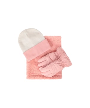 100% Polyester. Fabric: Fleece, Knitted, Soft Touch. Cuff: Adjustable Wrist Strap. Contents: 1 Beanie, 1 Neck Gaiter, Gloves. Reversible. Water Resistant.