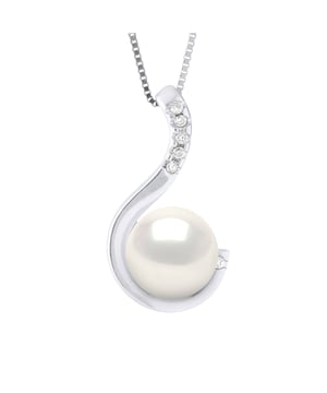 Pendant Jewelry 0,06 Cts ( 6 x 0,01 cts ) White Gold and Real Cultured Freshwater Pearl - COLOR NATURAL WHITE -Round 9-10 mm - Chain Venetian White Gold - Length 42 cm - Delivered with Certificate of Authenticity and International Guarantee MADE IN FRANCE -