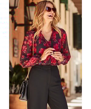 REASONS TO BUY:

Buy yourself flowers
Stylish and comfortable – every woman’s dream
From the tie neck to the fluted cuffs, it's all in the details
Sexy semi-sheer fabric
Separate cami for coverage
Style with skinnies or tuck it into a leather pencil skirt.