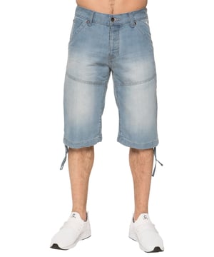 Enzo Mens Designer Knee Length Denim Shorts In Sky Blue, 2 Front Pockets, 2 Back Pockets, Button fly fastening, 65% Cotton, 35% Polyester, Machine washable, Ideal for Casual Occasions.