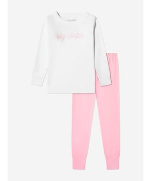 Magnolia Baby incorporate fine detailing and impeccable construction into their beautiful aesthetics. This baby girls pink pyjama set captures the label's distinctive high quality. Both presented in Pima cotton. The top features blue stitched 'Big Sister' detail whilst the leggings come with an elasticated waistband.  Two Piece Set  Top: Long Sleeves, Ribbed Trims Leggings: Ribbed Cuffs  100% Pima Cotton