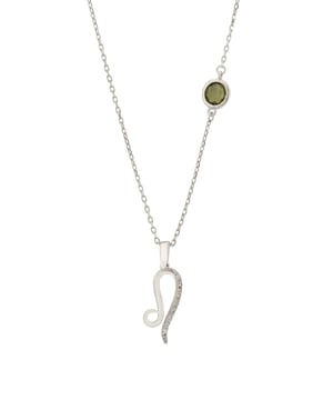 Radiate with the strength of Leo with the Zodiac Leo Birthstone Necklace Peridot Silver. Ideal for those lucky enough to be born Jul 23 to Aug 22. It is crafted in 925 sterling silver and features the lion's star sign set with zirconia highlights and a lab-created Peridot set along the 40-45cm chain.It embodies Leo's warmth and courage, with Peridot amplifying positivity and growth, guiding Leos to embrace their natural leadership. A celebration of the lion's generosity and vivacity, this zodiac necklace is designed for the regal Leo.