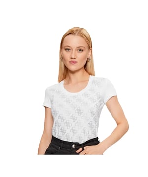 T-Shirt Guess Strass 4G Damen Weiß Baumwolle. Authentisches Kleidungsstück der Marke Guess - Streetwear/Sportswear-Design von Guess - Guess für modebewusste Frauen, perfekt für den Alltag - Das weiße T-Shirt von Guess passt hervorragend zu Ihrer Garderobe - Angenehmes Baumwollmaterial - Klassisch - Strass 4G -