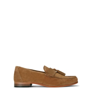 The KG Kurt Geiger Reggie loafer features a soft brown suede upper with tassel detail on the toe strap.