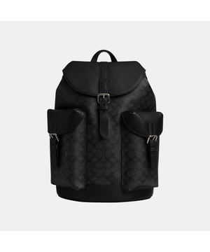 Warner Backpack in Signature, Inside zip and multifunction pockets
 Inside laptop sleeve, Outside snap pockets,  Length: 31.50 cm,  Width: 17.50 cm,  Height: 43.00 cm