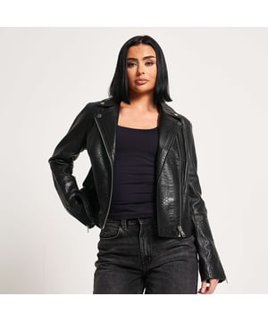 Barneys Originals Real Leather Biker Jacket with snake print detail panels