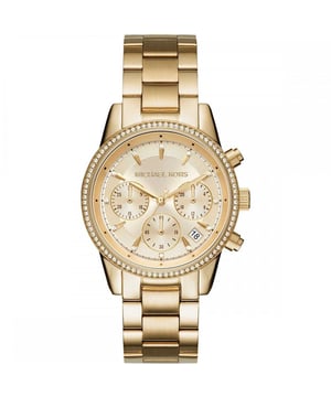 Model MK6356 Collection RITZ Case Diameter 37 mm Dial Colour Gold Case Material Stainless Steel Glass Type Mineral Movement Quartz Bracelet Material Stainless Steel Bracelet Colour Gold Toned Gender Ladies EAN 4053858642355 Chronograph Yes