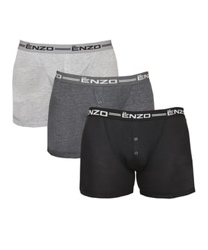 Enzo Mens Designer Boxer Shorts. Elasticated Waist With Branded Print. Assorted Colours, Pack of 3. Button Fly Fastening. 50% Cotton 50% Polyester. Machine Washable.