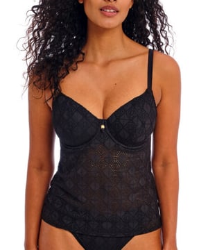 Freya Nomad Nights Tankini Top. With light padding, crochet overlay, plunge neckline and hidden powernet wing.. This product is recommended as hand wash only.