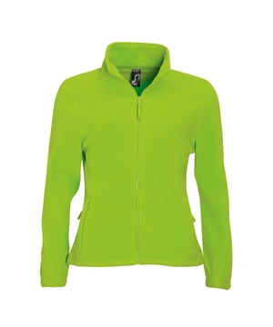 Pill resistant. High density. Unlined. Shaped fit. Taped back neck. Collar high full zip. Two front zip pockets. Elasticated cuffs. Open hem with drawcord. Fabric weight: 300 gsm. Material: 100% polyester. Ladies size: S(8/10), M(12), L(14), XL(16), XXL(18).