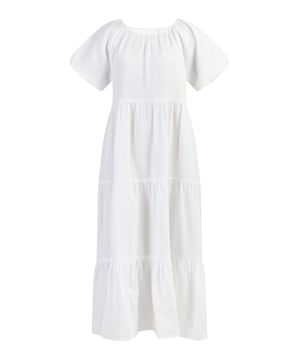 De witte maxi-jurk van DreiMaster Vintage is een ongecompliceerde essential voor de zomer. Het model van een lichte katoenmix wordt gekenmerkt door de fijne structuur van de stof, de gedrapeerde ronde hals, de wijde ballonmouwen en het gelaagde volantsilhouet.  Maxi-jurk met korte mouwen