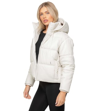 Stay warm and stylish with this Hooded Puffer Jacket. Designed with a high neck, long sleeves, and ribbed trims, it offers both comfort and protection from the elements. The jacket features a  zip-up front for a sleek look. Front welt pockets provide practical storage, while the ribbed hem and elasticated hood with an adjustable drawstring ensure a secure fit. The hem also includes an adjustable toggle for added flexibility.