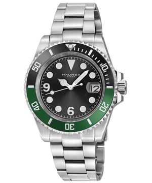Haurex 4A512UBG Men's Barracuda Automatic WatchHaurex Men's Automatic Watch from the Barracuda Collection43mm Round 316L Stainless Steel Case, Black/Green Ceramic BezelBlack Sunray Dial, Date at 7Push/Pull Crown, Exhibition Case back316L Stainless Steel Brushed Bracelet With Deployment BuckleAnti-reflective Sapphire CrystalWater Resistant to 50 Meters/5ATMAutomatic Miyota Ultra thin 9015