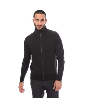 Mens Belstaff Kelby Zip Cardigan in black.- Stand-up collar.- Two-way zip centre front closure.- Ribbed cuffs and hem.- Belstaff phoenix patch on left sleeve.- Channel quilted shoulder reinforcement detailing.- Virgin merino wool with polyester detailing.- 100% Wool.- Ref: 105316BCHRC